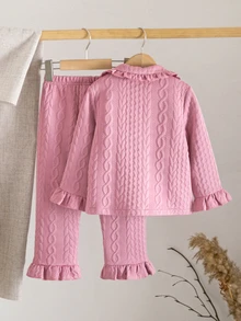 Young Girl Solid Color Long Sleeve Top And Pants Casual Daily Home Sleepwear Set - Watermelon Pink - View 2