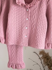 Young Girl Solid Color Long Sleeve Top And Pants Casual Daily Home Sleepwear Set - Watermelon Pink - View 9