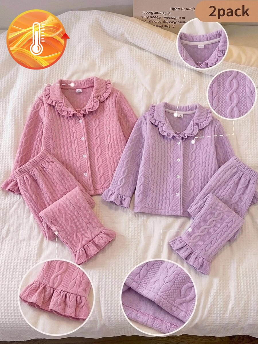 Young Girl Solid Color Long Sleeve Top And Pants Casual Daily Home Sleepwear Set - Watermelon Pink - View 1
