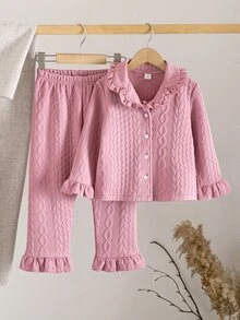 Young Girl Solid Color Long Sleeve Top And Pants Casual Daily Home Sleepwear Set - Watermelon Pink - View 11