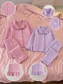 Young Girl Solid Color Long Sleeve Top And Pants Casual Daily Home Sleepwear Set - Watermelon Pink - View 10