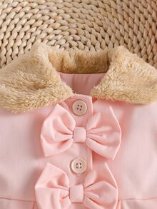 SHEIN Baby Girl Faux Fur Collar Trench Coat, Long Sleeve Double Bow Button Front Warm Winter Outerwear - Multicolor - View 8