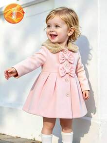 SHEIN Baby Girl Faux Fur Collar Trench Coat, Long Sleeve Double Bow Button Front Warm Winter Outerwear - Multicolor - View 3