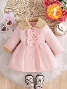 SHEIN Baby Girl Faux Fur Collar Trench Coat, Long Sleeve Double Bow Button Front Warm Winter Outerwear - Multicolor - View 4