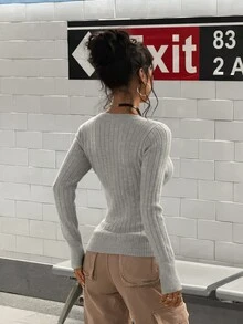 StreetHx Women's Square Neck Casual Versatile Daily Commute Streetwear Autumn/Winter Slim Fit Pullover Sweater - Light Grey - View 2