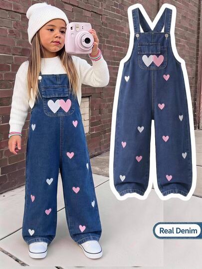 SHEIN Elladie kids Girls' Denim Overalls, All-Season New Style, Casual Versatile Design, Vintage Dark Blue Denim Color, Pink And White Heart Embroidery, Loose Straight Leg Fit, Comfortable Premium Cotton Denim Fabric, Daily Wear, Fashionable Versatile Outfit, All-Season Style, Girls' Denim Overalls