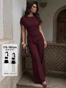 SHEIN Tall Solid Batwing Sleeve Asymmetrical Hem Top Wide Leg Pants Set Office Business Burgundy Summer Casual Elegant - Burgundy - View 1
