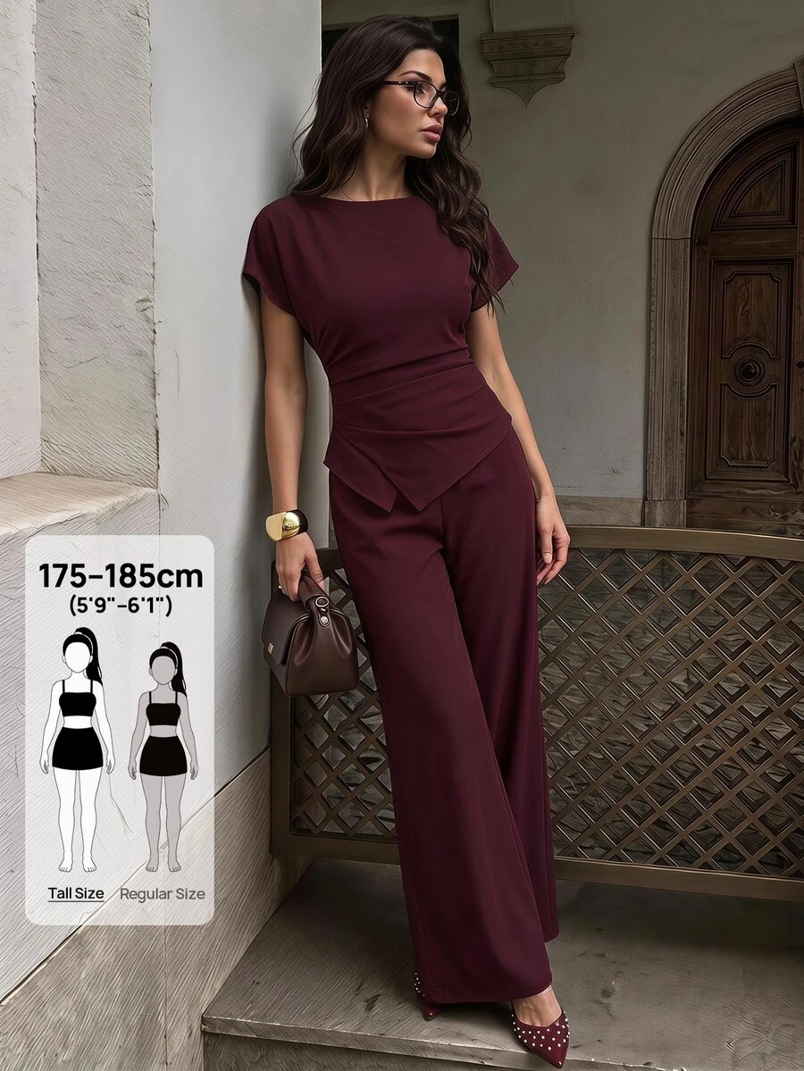 SHEIN Tall Solid Batwing Sleeve Asymmetrical Hem Top Wide Leg Pants Set Office Business Burgundy Summer Casual Elegant - Burgundy - View 1