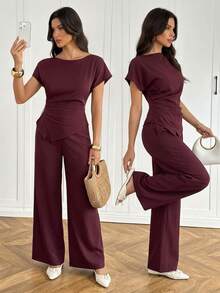 SHEIN Tall Solid Batwing Sleeve Asymmetrical Hem Top Wide Leg Pants Set Office Business Burgundy Summer Casual Elegant - Burgundy - View 4