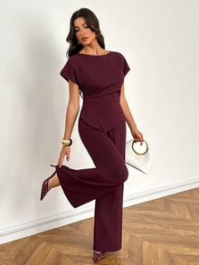 SHEIN Tall Solid Batwing Sleeve Asymmetrical Hem Top Wide Leg Pants Set Office Business Burgundy Summer Casual Elegant - Burgundy - View 7
