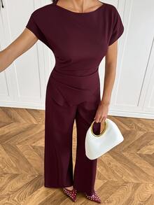 SHEIN Tall Solid Batwing Sleeve Asymmetrical Hem Top Wide Leg Pants Set Office Business Burgundy Summer Casual Elegant - Burgundy - View 8