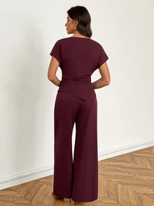 SHEIN Tall Solid Batwing Sleeve Asymmetrical Hem Top Wide Leg Pants Set Office Business Burgundy Summer Casual Elegant - Burgundy - View 2