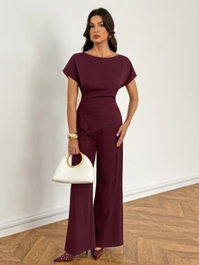 SHEIN Tall Solid Batwing Sleeve Asymmetrical Hem Top Wide Leg Pants Set Office Business Burgundy Summer Casual Elegant - Burgundy - View 3