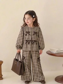 SHEIN Elladie kids 女童復古嬰兒格紋兩件式套裝－可愛蝴蝶結裝飾長袖上衣與長褲，學院風秋季服飾，適合幼兒園生日，棕色 - 彩色 - 查看 4