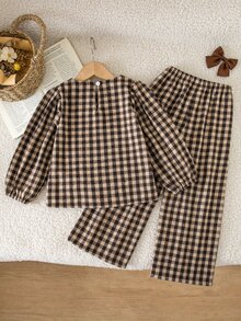 SHEIN Elladie kids 女童復古嬰兒格紋兩件式套裝－可愛蝴蝶結裝飾長袖上衣與長褲，學院風秋季服飾，適合幼兒園生日，棕色 - 彩色 - 查看 2