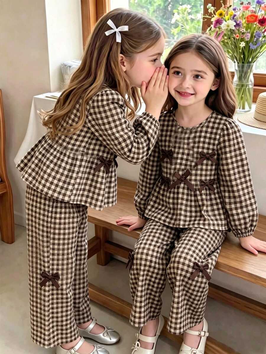 SHEIN Elladie kids 女童復古嬰兒格紋兩件式套裝-可愛蝴蝶結裝飾長袖上衣與長褲,學院風秋季服飾,適合幼兒園生日,棕色 - 彩色 - 查看 1
