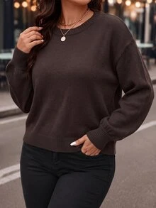EMERY ROSE Plus Size Women's Commuter Lace-Up Knit Pullover Sweater Top - Chocolate Brown - View 4