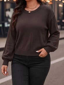 EMERY ROSE Plus Size Women's Commuter Lace-Up Knit Pullover Sweater Top - Chocolate Brown - View 3