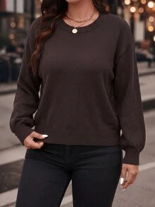 EMERY ROSE Plus Size Women's Commuter Lace-Up Knit Pullover Sweater Top - Chocolate Brown - View 5