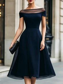 RosyDaze New Elegant Solid Color Mesh Patchwork Dress, Suitable For Spring, Summer, Autumn, Winter, Outings, Dates, Festivals, Formal Occasions, Parties, Navy Blue Off-The-Shoulder Dress - Blue - View 4