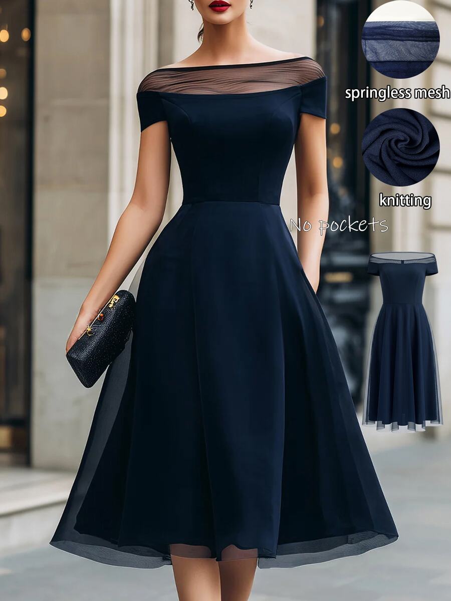 RosyDaze New Elegant Solid Color Mesh Patchwork Dress, Suitable For Spring, Summer, Autumn, Winter, Outings, Dates, Festivals, Formal Occasions, Parties, Navy Blue Off-The-Shoulder Dress