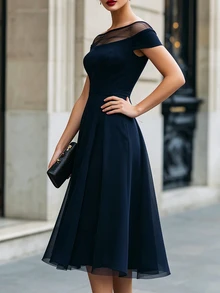RosyDaze New Elegant Solid Color Mesh Patchwork Dress, Suitable For Spring, Summer, Autumn, Winter, Outings, Dates, Festivals, Formal Occasions, Parties, Navy Blue Off-The-Shoulder Dress - Blue - View 5
