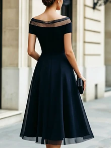 RosyDaze New Elegant Solid Color Mesh Patchwork Dress, Suitable For Spring, Summer, Autumn, Winter, Outings, Dates, Festivals, Formal Occasions, Parties, Navy Blue Off-The-Shoulder Dress - Blue - View 3