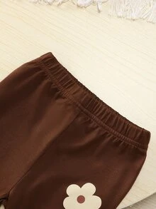 SHEIN Playful Pals 女嬰花卉連帽衫與運動衫套裝，可愛上衣、內搭褲、長褲、緊身褲，秋季新款，圖案T恤 3Dflora - 棕色 - 查看 4