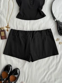 Attitoon Women's Casual Vintage Ultra Low Waist Shorts, Hot Girl Shorts, Y2K Outfit, Hot Girl Shorts, Suitable For Daily Commute, Party, Summer, Christmas, New Year, Thanksgiving, Party, Wedding, Beach, Outing, Date, Valentine's Day, Elegant, Vacation, Y2K - Black - View 2