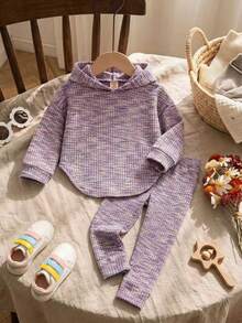 Elladie kids Elladie Young Girls 2pcs Young Girl Purple Hoodie Loose Knit Pants Set, Casual Autumn Outfit Nursery Birthday - Navy Blue - View 3