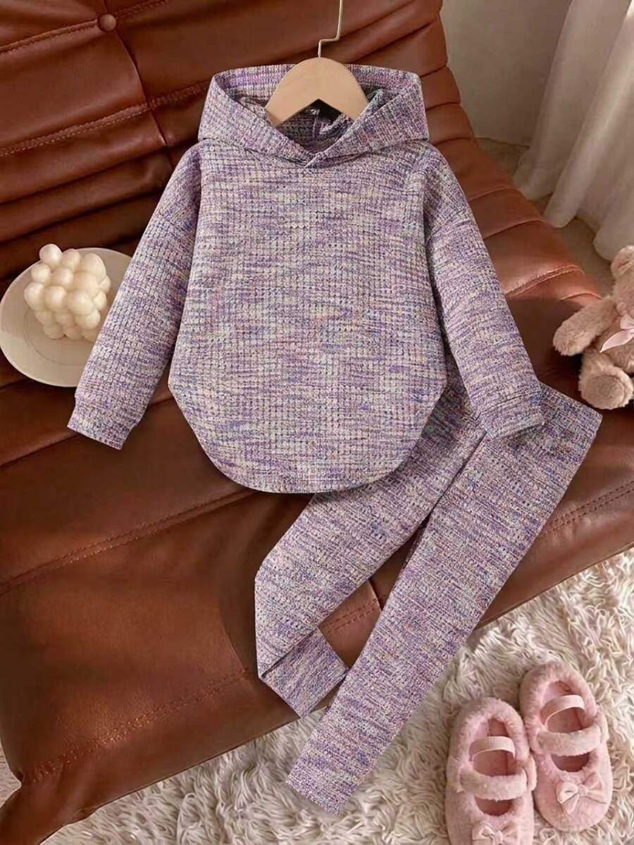 Elladie kids Elladie Young Girls 2pcs Young Girl Purple Hoodie Loose Knit Pants Set, Casual Autumn Outfit Nursery Birthday - Navy Blue - View 1