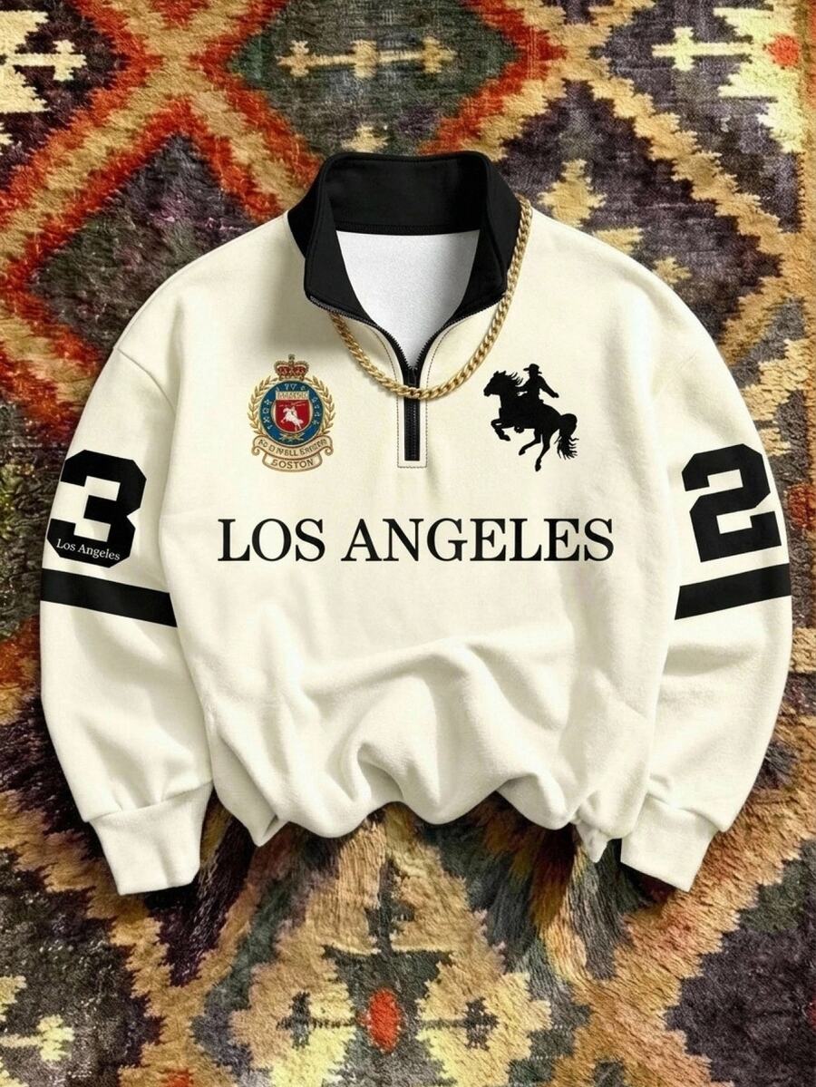 Aesthetic Post Men's Horse Graphic Quarter-Zip Sweatshirt, Long Sleeve Top For Casual Streetwear, New Fall Style - Multicolor - View 1