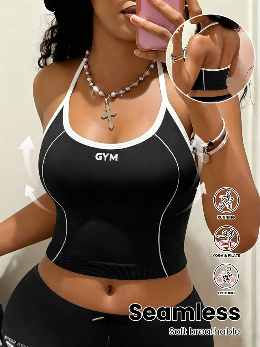 BamGleam Atasan Tanpa Lengan Model Halter Neck dengan Trim Kontras untuk Yoga & Fitness - Hitam - View 1