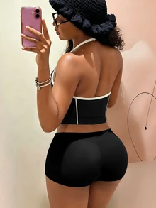 BamGleam Atasan Tanpa Lengan Model Halter Neck dengan Trim Kontras untuk Yoga & Fitness - Hitam - View 6