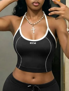 BamGleam Atasan Tanpa Lengan Model Halter Neck dengan Trim Kontras untuk Yoga & Fitness - Hitam - View 3