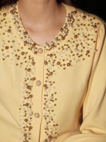 Anewsta Embellished Elegant High-Quality Beaded Yellow Cardigan - Beige - View 7