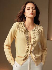 Anewsta Embellished Elegant High-Quality Beaded Yellow Cardigan - Beige - View 3