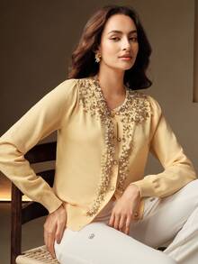 Anewsta Embellished Elegant High-Quality Beaded Yellow Cardigan - Beige - View 1
