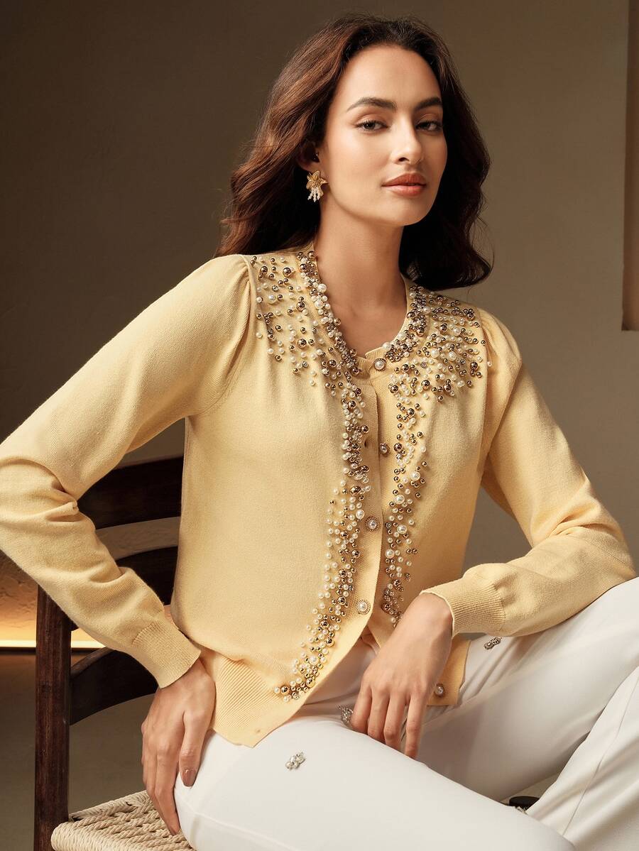 Anewsta Embellished Elegant High-Quality Beaded Yellow Cardigan - Beige - View 1