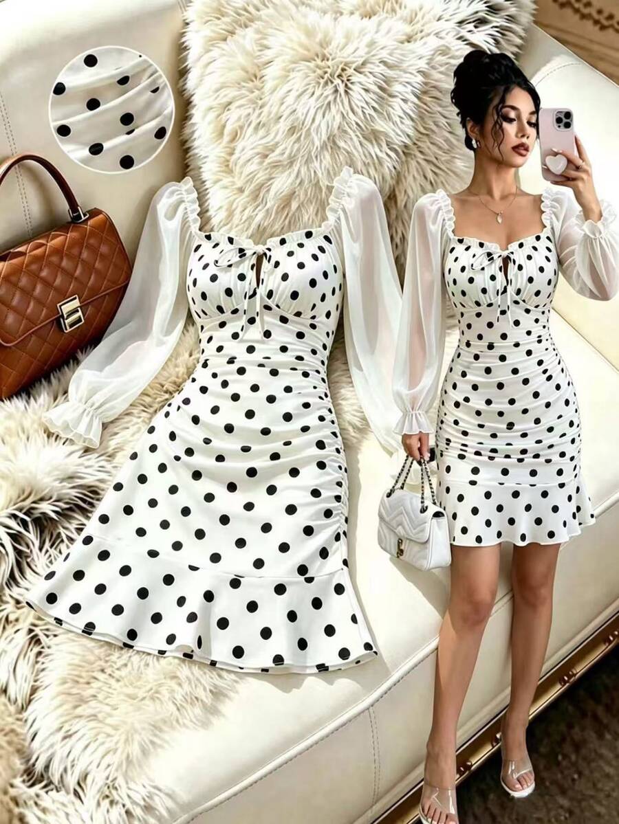 SHEIN Raffinéa فستان قصير نسائي ربيعي أنيق وذكي وكاجوال للعطلات من الصوف المحبوك - أبيض وأسود - مشاهدة 1