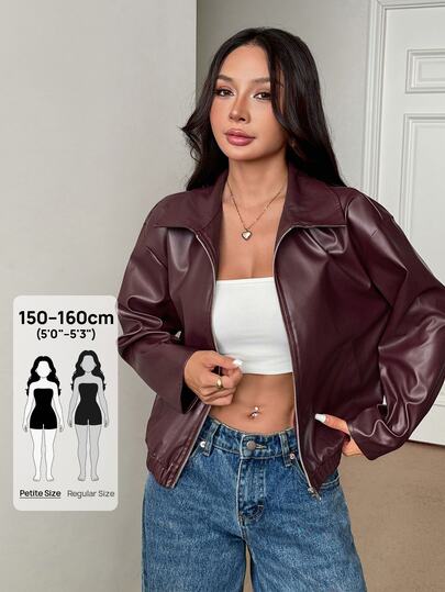 SHEIN PETITE Fashionable Versatile Commuter Style Streetwear Rockstar Red PU Leather Jacket, Suitable For Autumn/Winter Wear, Women's Clothing, Burgundy Coats