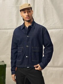 Norleigh Jaket Denim Kasual Pria Lengan Panjang Kancing Tunggal dengan Saku - Biru - View 4
