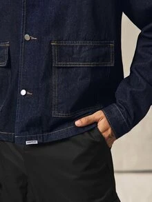 Norleigh Jaket Denim Kasual Pria Lengan Panjang Kancing Tunggal dengan Saku - Biru - View 7