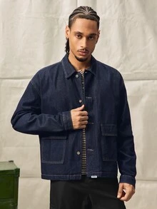 Norleigh Jaket Denim Kasual Pria Lengan Panjang Kancing Tunggal dengan Saku - Biru - View 1