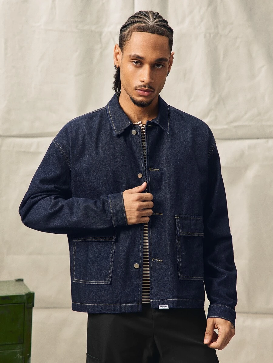 Norleigh Jaket Denim Kasual Pria Lengan Panjang Kancing Tunggal dengan Saku - Biru - View 1
