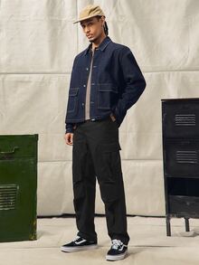 Norleigh Jaket Denim Kasual Pria Lengan Panjang Kancing Tunggal dengan Saku - Biru - View 3