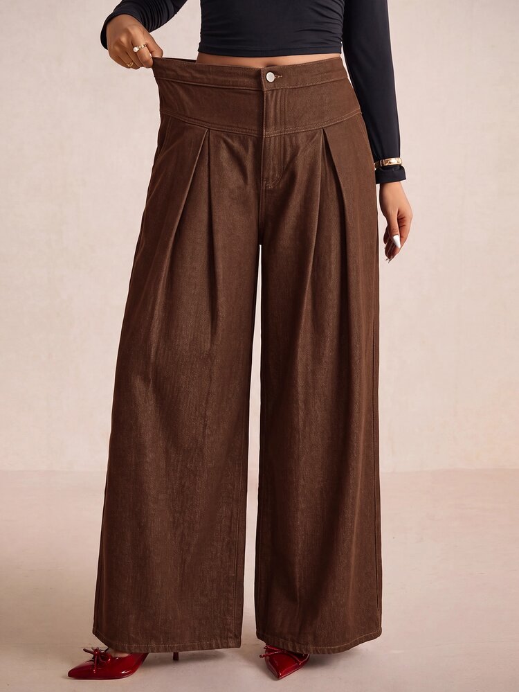 Elaquor Plus Size Casual Brown Color Suit Pattern Pleat Jeans, Casual Versatile Jeans, High Waist Pants For Women, Warm Denim Fabric, Elegant Office Wear. - Brown - View 4