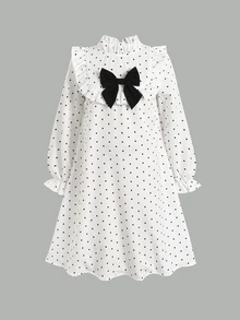 SHEIN Tween女孩對比色蝴蝶結波點長袖洋裝 秋冬款 - 黑與白 - 查看 4