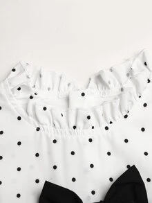 SHEIN Tween女孩對比色蝴蝶結波點長袖洋裝 秋冬款 - 黑與白 - 查看 5