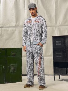 Norleigh Men's Streetwear Hot-Selling Bionic Camouflage Orange 3D Embroidered Lettering Zip-Up Sweatshirt Set - Multicolor - View 3